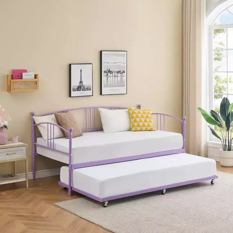 Twin Size Metal Daybed with Trundle & Arched Headboard, Sofa Bed for Living Room