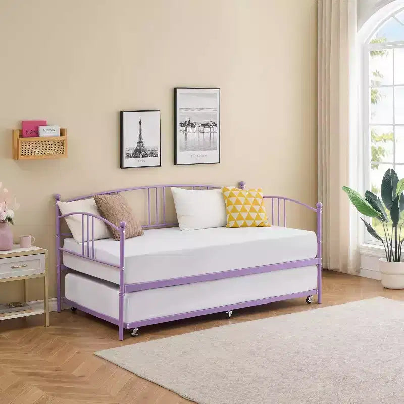 Twin Size Metal Daybed with Trundle & Arched Headboard, Sofa Bed for Living Room