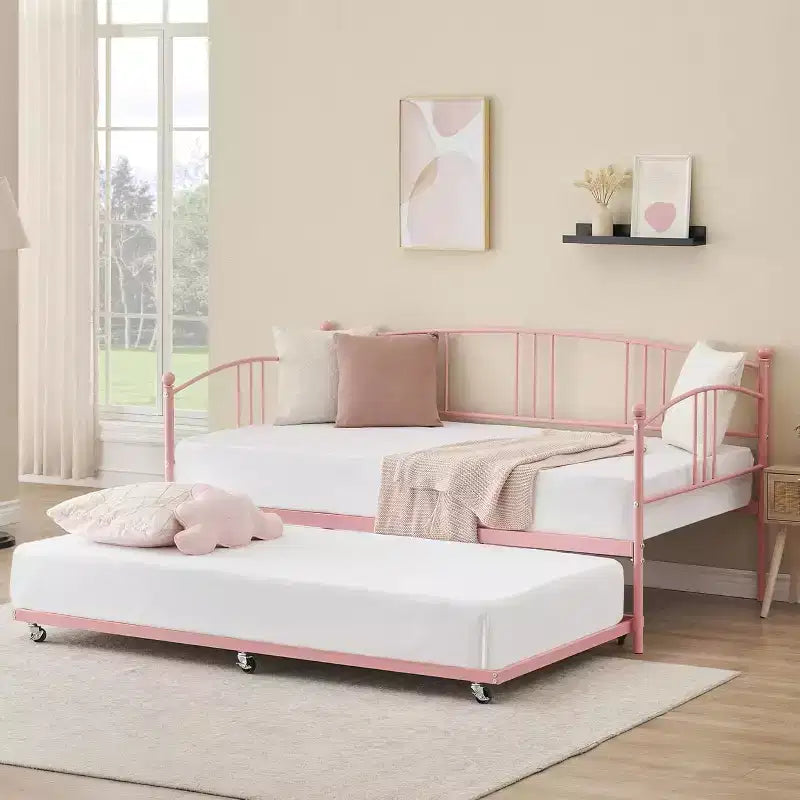 Twin Size Metal Daybed with Trundle & Arched Headboard, Sofa Bed for Living Room