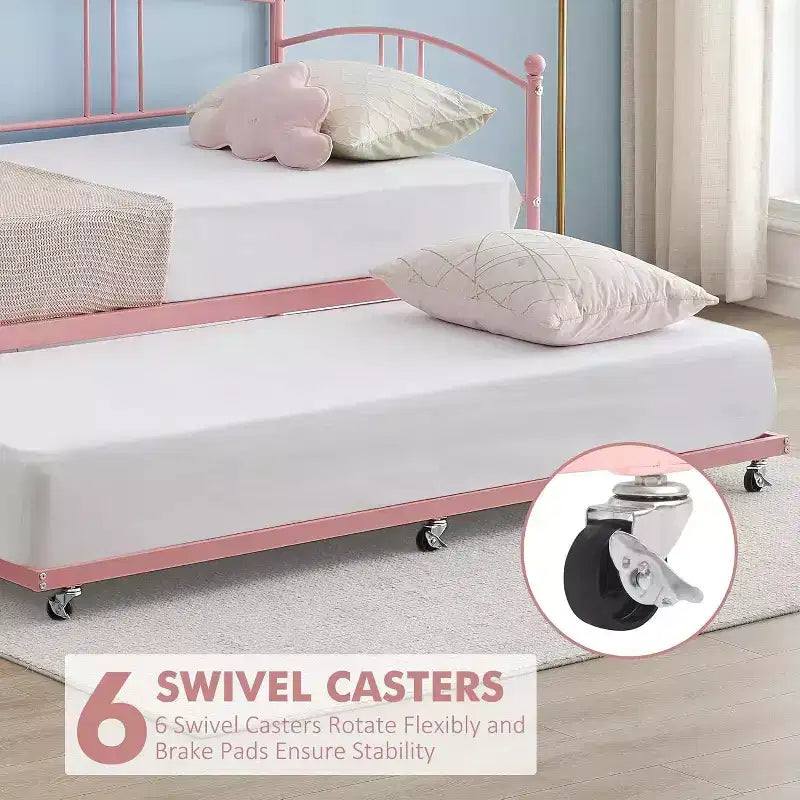 Twin Size Metal Daybed with Trundle & Arched Headboard, Sofa Bed for Living Room