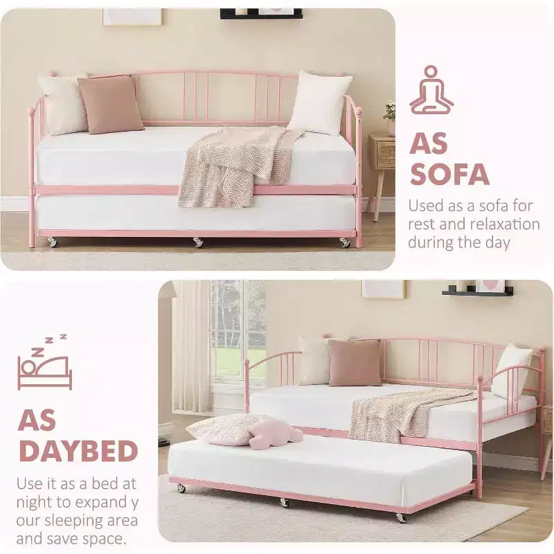 Twin Size Metal Daybed with Trundle & Arched Headboard, Sofa Bed for Living Room