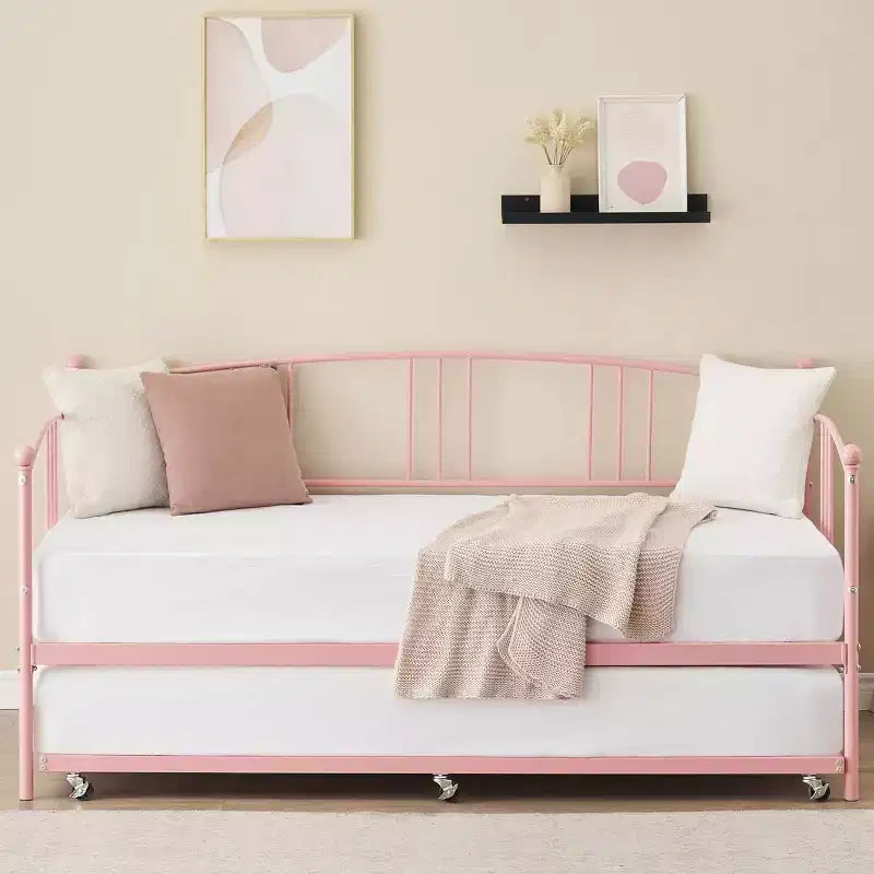 Acekool Metal Daybed with Trundle, Arched Headboard, Sofa Bed Frame for Living Room and Guest Room, Twin Size