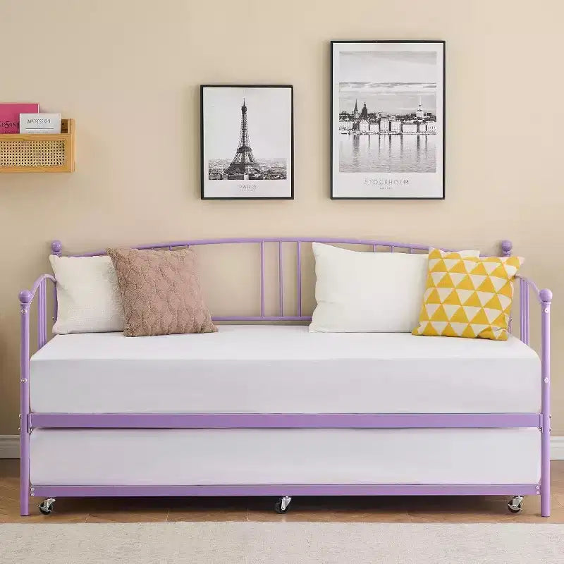 Twin Size Metal Daybed with Trundle & Arched Headboard, Sofa Bed for Living Room