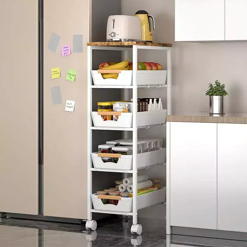 5-Tier Slim Rolling Storage Cart, White Metal with Wood Top, Kitchen & Bathroom