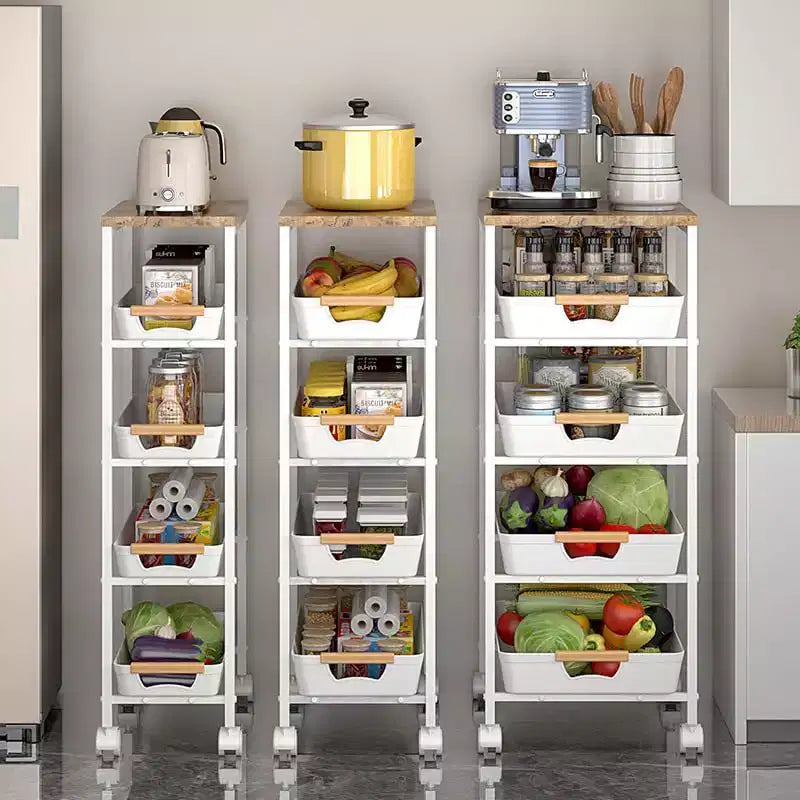 5-Tier Slim Rolling Storage Cart, White Metal with Wood Top, Kitchen & Bathroom