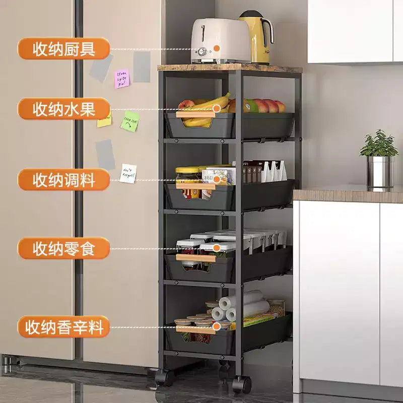 5-Tier Slim Rolling Storage Cart, White Metal with Wood Top, Kitchen & Bathroom
