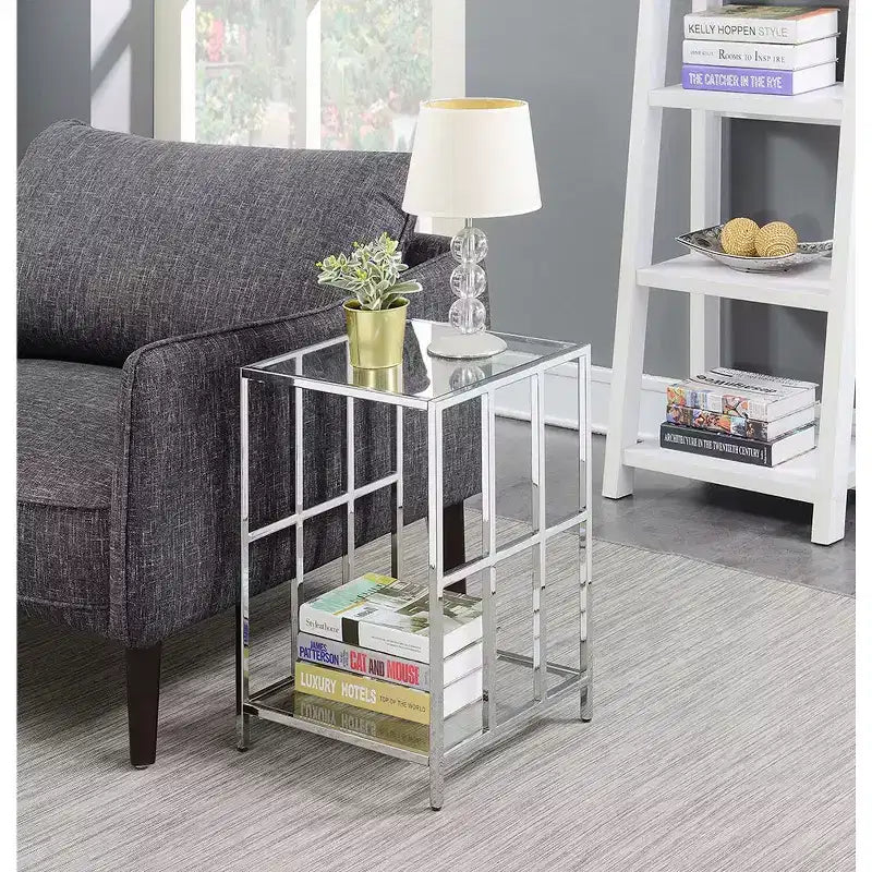 HomeStock 24 in.H Silver Color Rectangle Glass Table Top End Table 1 -piece