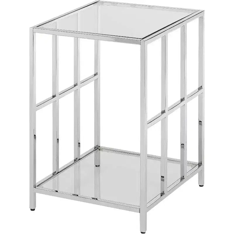 24" Silver Rectangle Glass Top End Table, Modern Accent Side Table