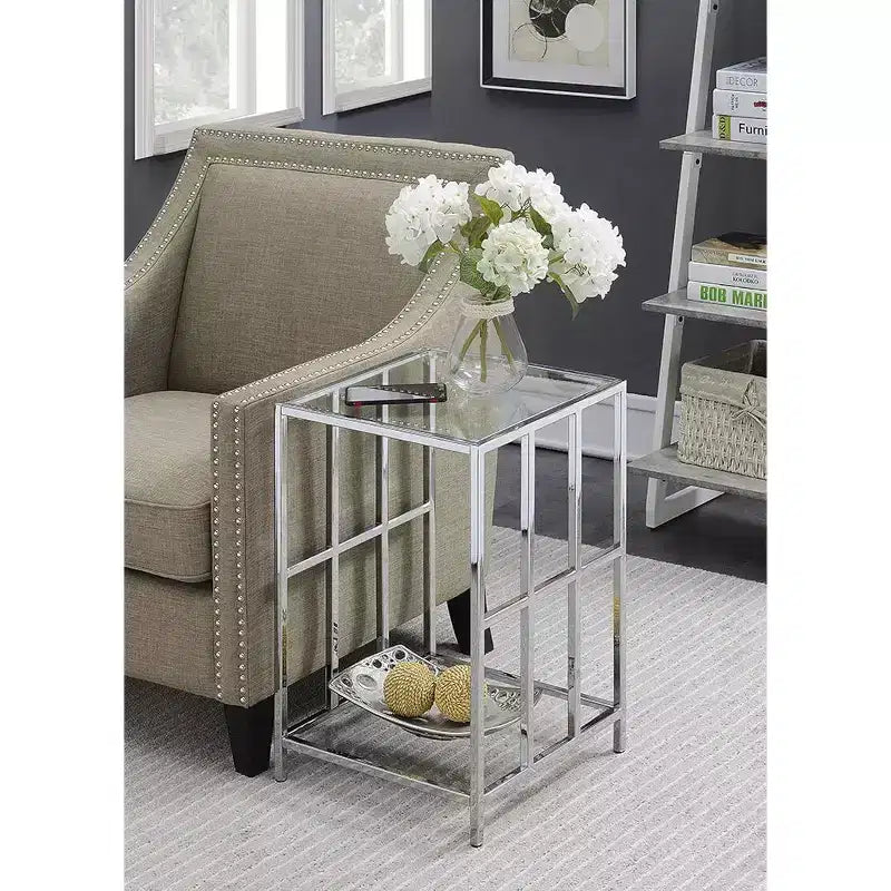 24" Silver Rectangle Glass Top End Table, Modern Accent Side Table