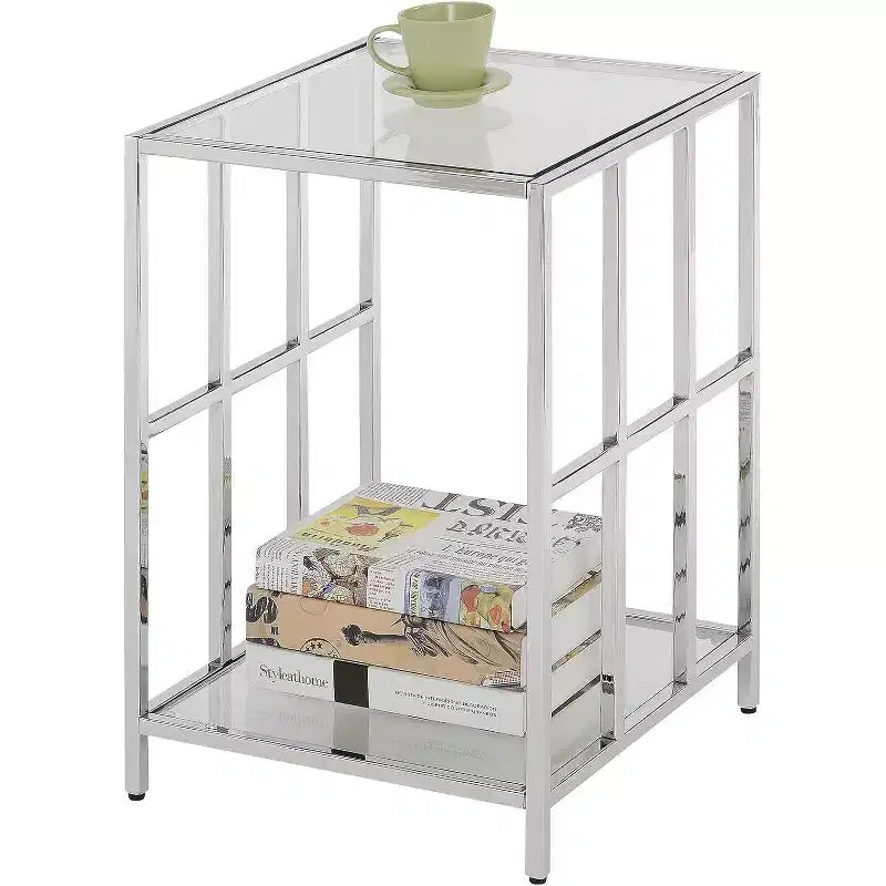 24" Silver Rectangle Glass Top End Table, Modern Accent Side Table