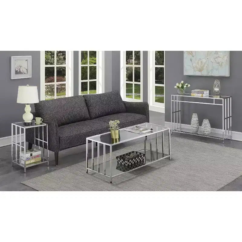 24" Silver Rectangle Glass Top End Table, Modern Accent Side Table
