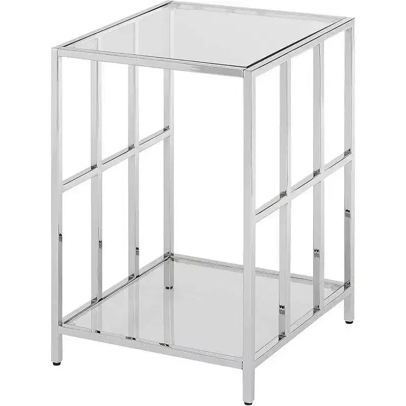 24" Silver Rectangle Glass Top End Table, Modern Accent Side Table