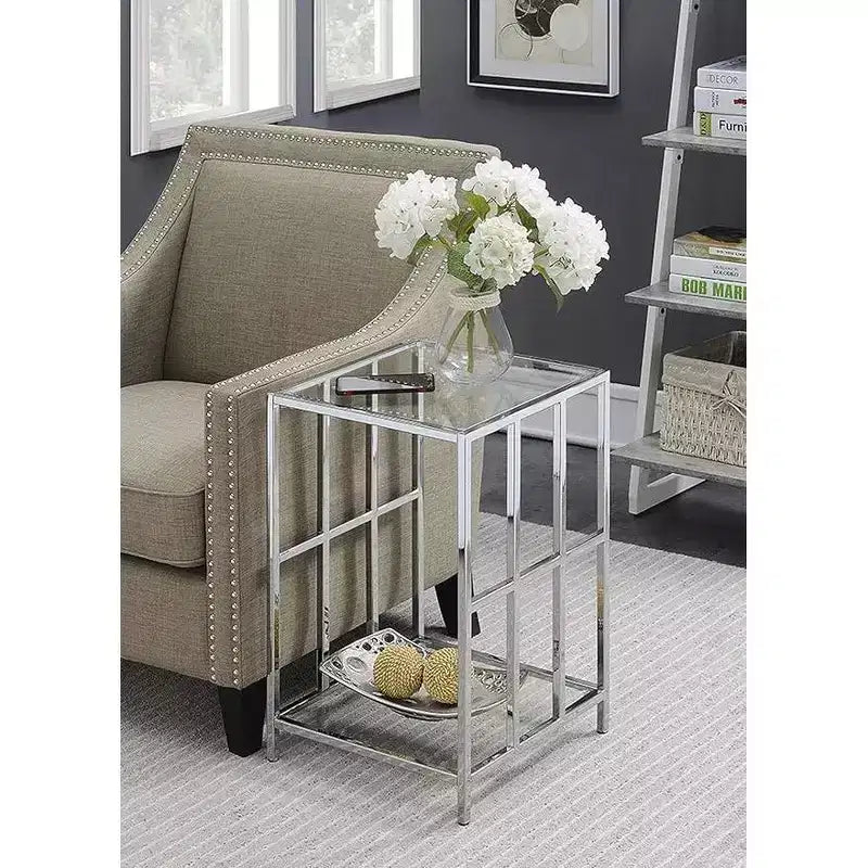 24" Silver Rectangle Glass Top End Table, Modern Accent Side Table