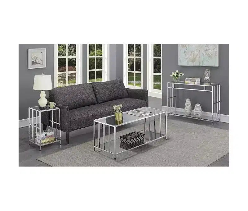 24" Silver Rectangle Glass Top End Table, Modern Accent Side Table