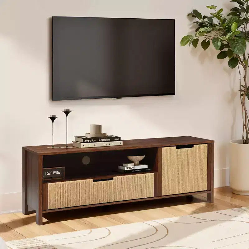 LuxenHome 55 Walnut TV Stand for TVs up to 60, Woven Rope Door Panel, Small Media Console Cabinet with Drawer, Brown