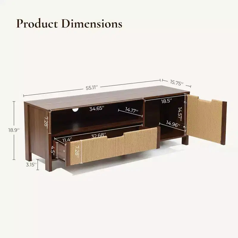 55" Walnut TV Stand for TVs up to 60", Woven Rope Door, Media Console with Drawer