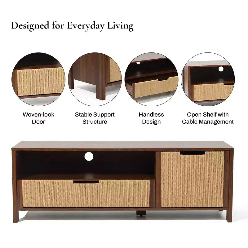 55" Walnut TV Stand for TVs up to 60", Woven Rope Door, Media Console with Drawer