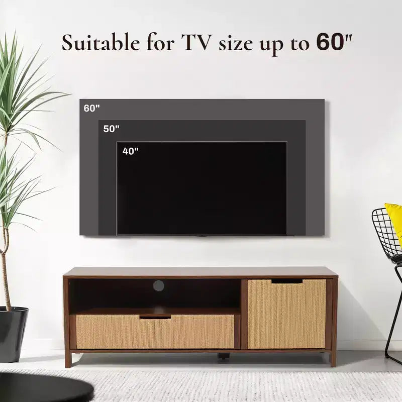 55" Walnut TV Stand for TVs up to 60", Woven Rope Door, Media Console with Drawer