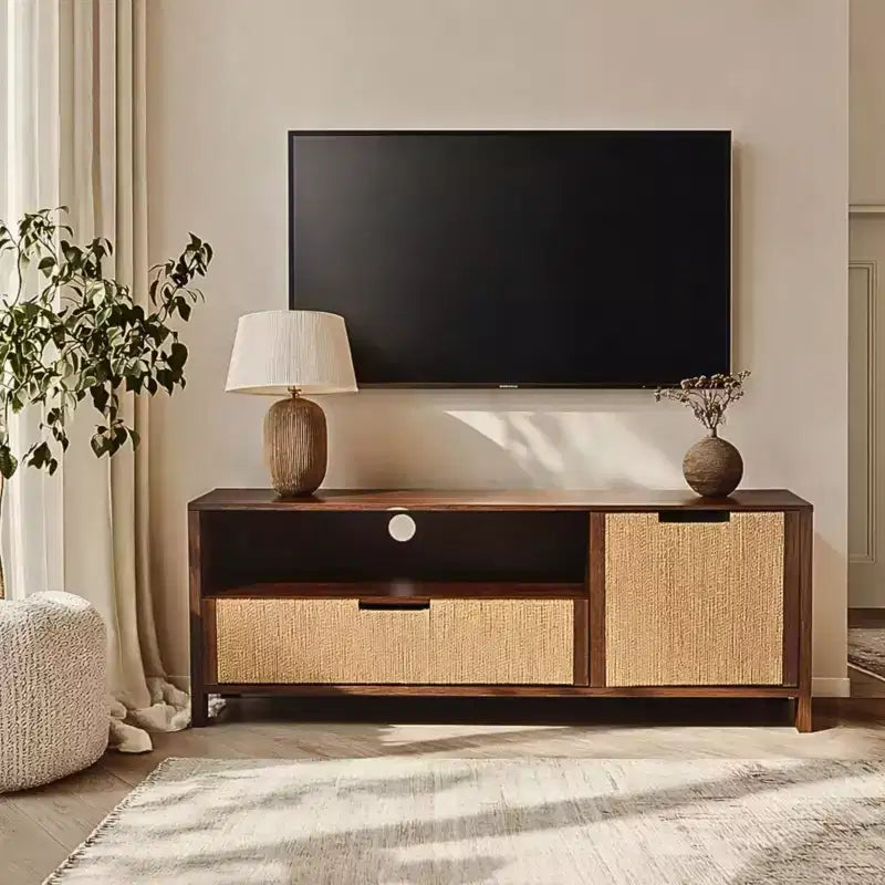 55" Walnut TV Stand for TVs up to 60", Woven Rope Door, Media Console with Drawer