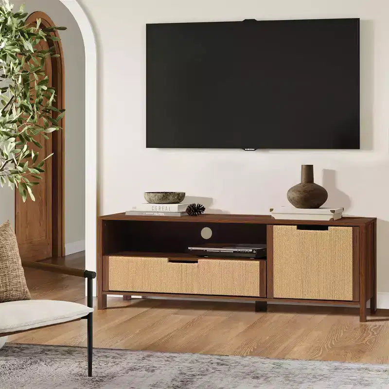 55" Walnut TV Stand for TVs up to 60", Woven Rope Door, Media Console with Drawer