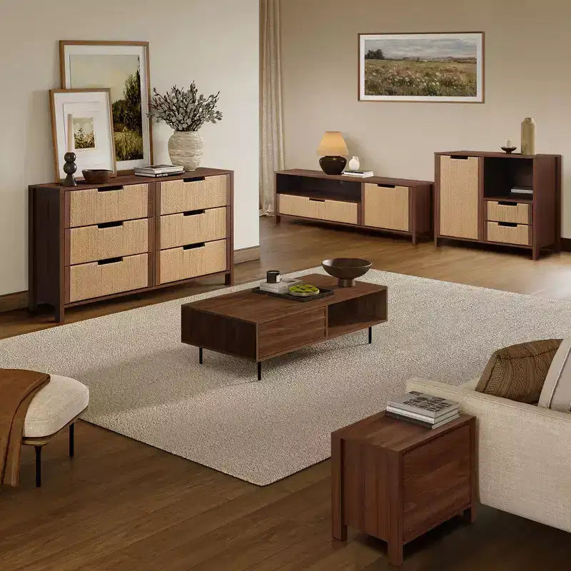 55" Walnut TV Stand for TVs up to 60", Woven Rope Door, Media Console with Drawer
