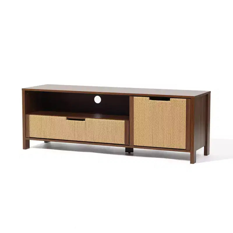 55" Walnut TV Stand for TVs up to 60", Woven Rope Door, Media Console with Drawer