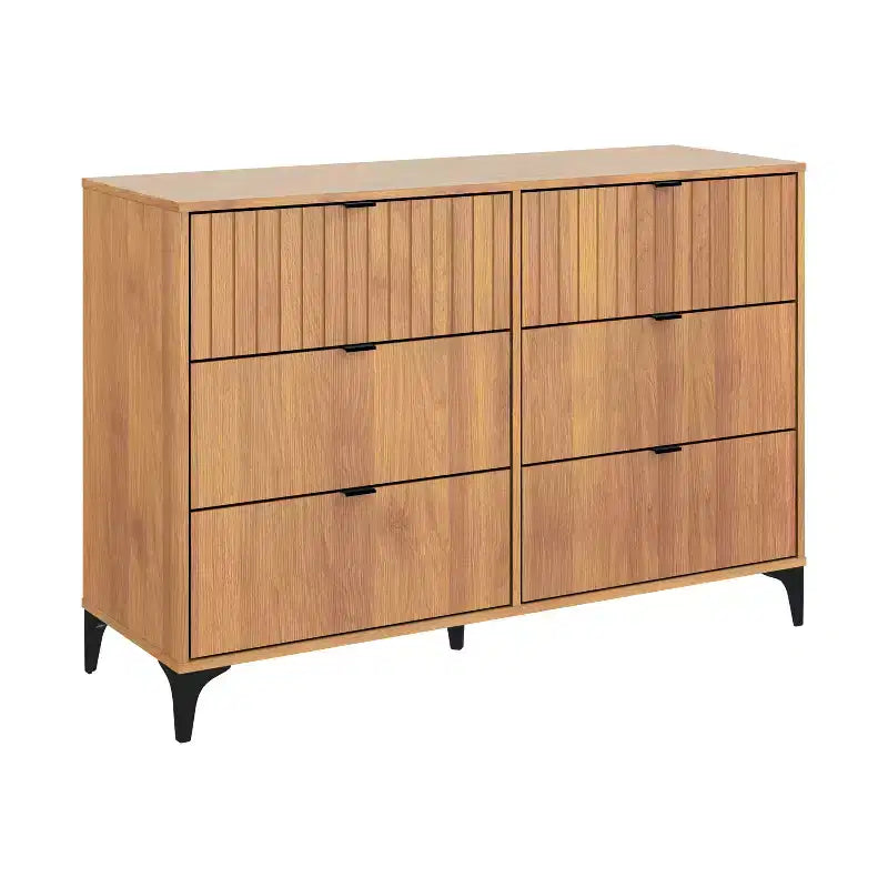 6-Drawer Dresser with Interlocking Design, Amber Walnut Finish, Bedroom Storage