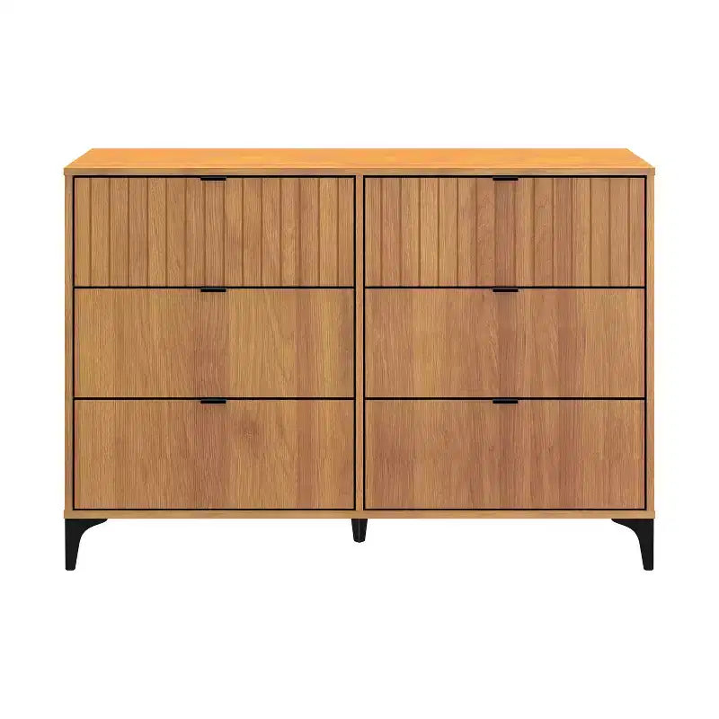6-Drawer Dresser with Interlocking Design, Amber Walnut Finish, Bedroom Storage