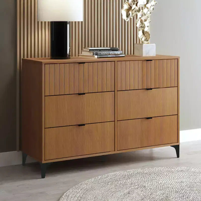 6-Drawer Dresser with Interlocking Design, Amber Walnut Finish, Bedroom Storage