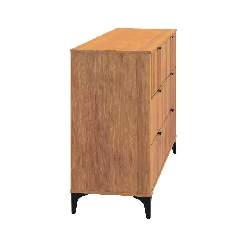 6-Drawer Dresser with Interlocking Design, Amber Walnut Finish, Bedroom Storage