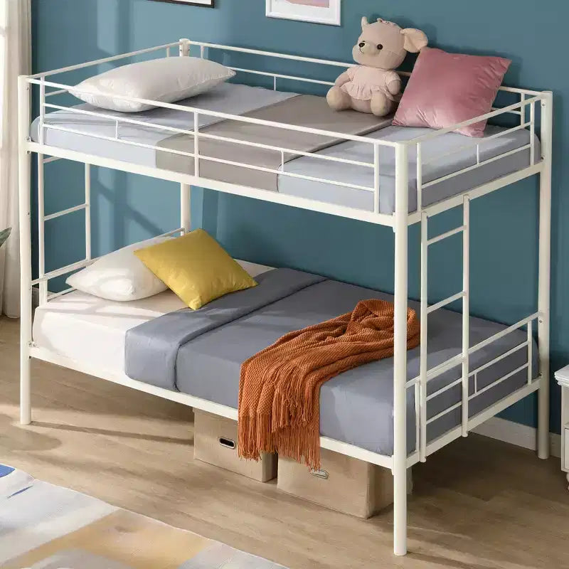 Twin Over Twin Metal Bunk Bed with Guardrail & Ladder, Convertible, White