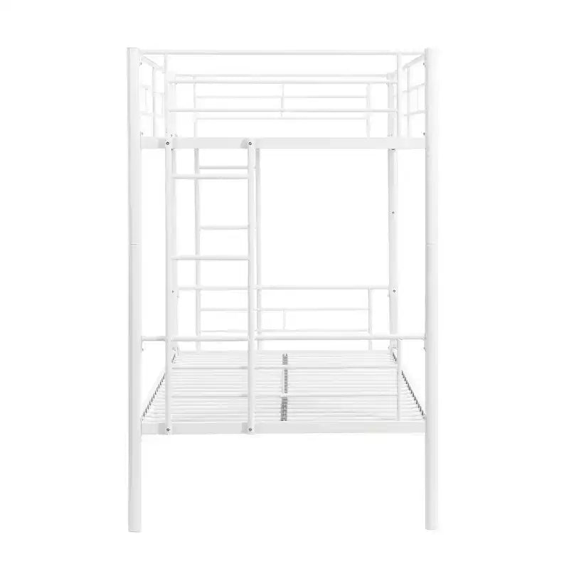 Twin Over Twin Metal Bunk Bed with Guardrail & Ladder, Convertible, White