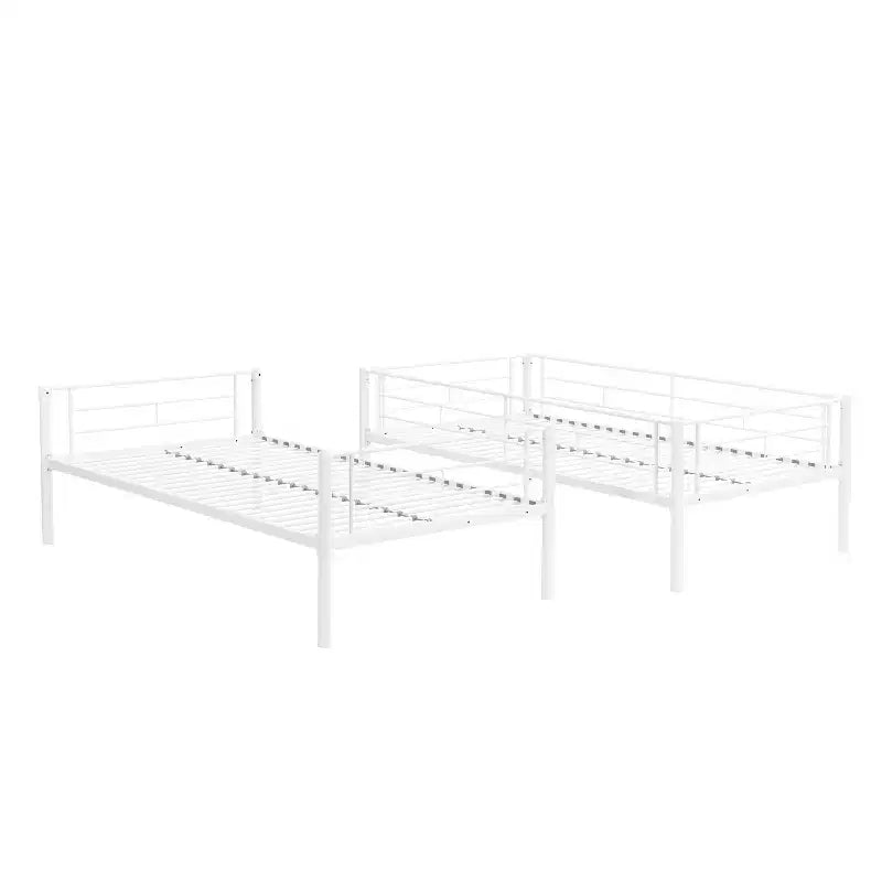 Twin Over Twin Metal Bunk Bed with Guardrail & Ladder, Convertible, White