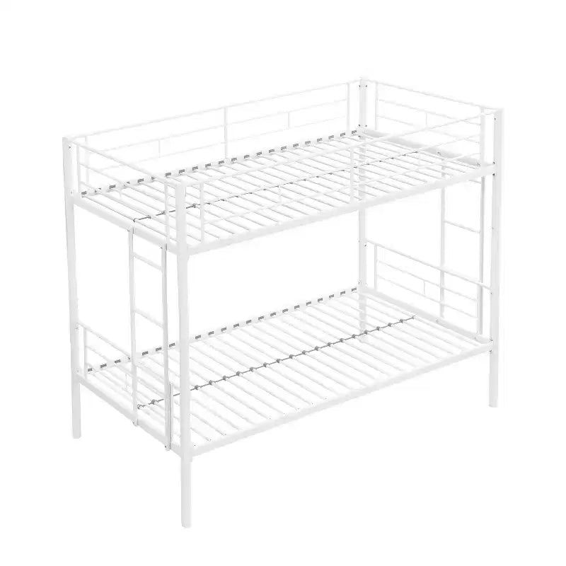 Twin Over Twin Metal Bunk Bed with Guardrail & Ladder, Convertible, White