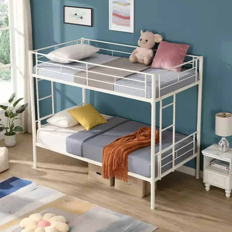 Twin Over Twin Metal Bunk Bed with Guardrail & Ladder, Convertible, White