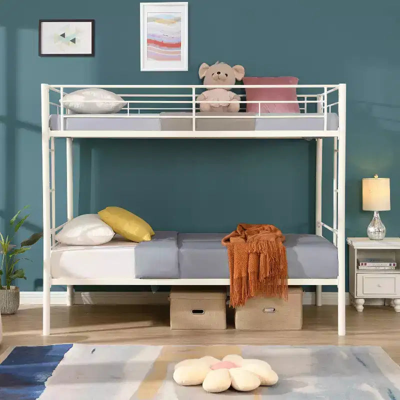 Twin Over Twin Metal Bunk Bed with Guardrail & Ladder, Convertible, White