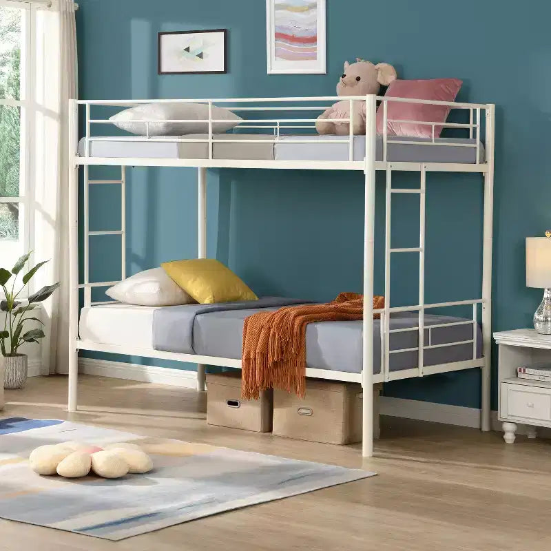 Twin Over Twin Metal Bunk Bed with Guardrail & Ladder, Convertible, White