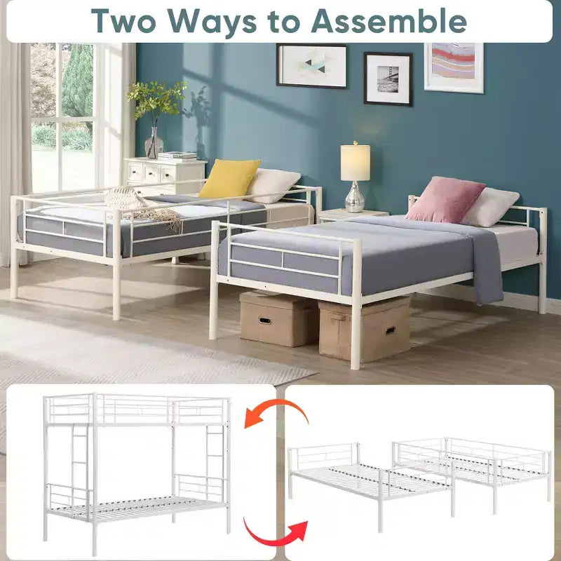 Twin Over Twin Metal Bunk Bed with Guardrail & Ladder, Convertible, White