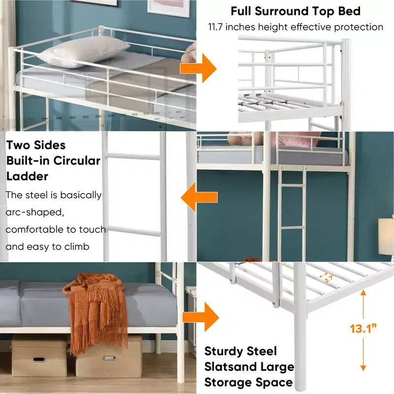 Twin Over Twin Metal Bunk Bed with Guardrail & Ladder, Convertible, White