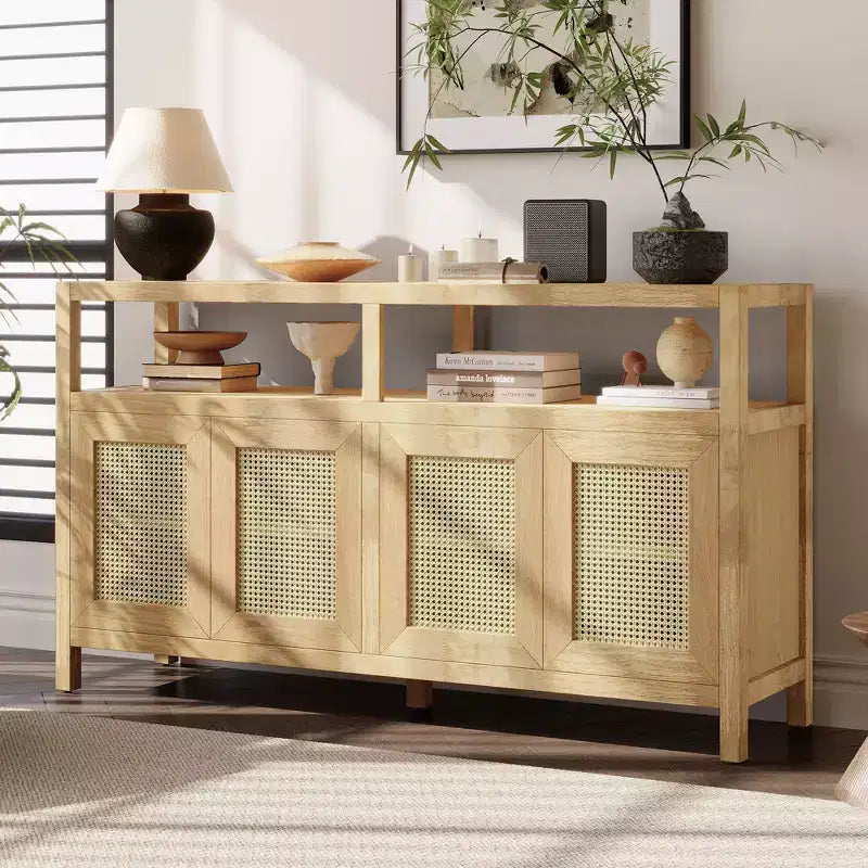 Bohemian Sideboard Buffet Cabinet with 4 Doors & Open Shelf, Living Room Storage