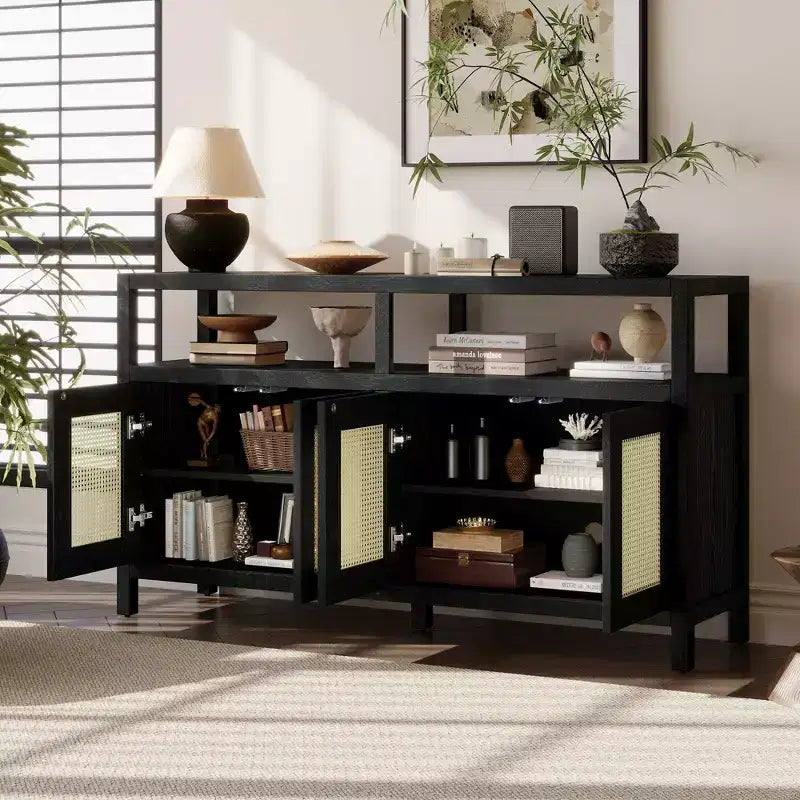 Bohemian Sideboard Buffet Cabinet with 4 Doors & Open Shelf, Living Room Storage