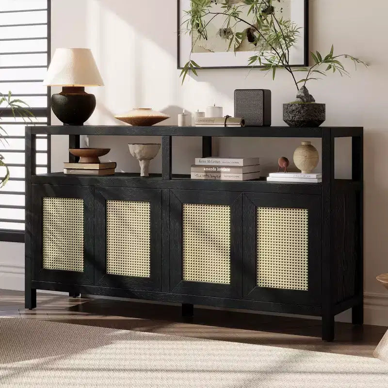 Bohemian Sideboard Buffet Cabinet with 4 Doors & Open Shelf, Living Room Storage