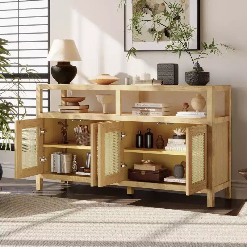 Bohemian Sideboard Buffet Cabinet with 4 Doors & Open Shelf, Living Room Storage