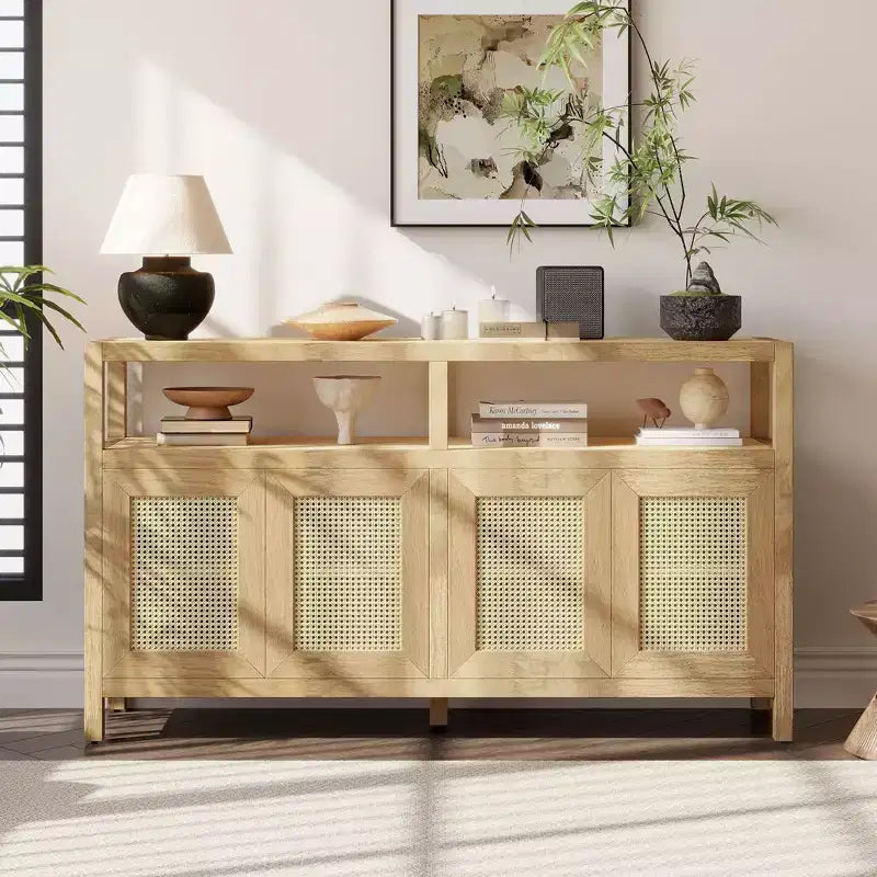 Bohemian Sideboard Buffet Cabinet with 4 Doors & Open Shelf, Living Room Storage