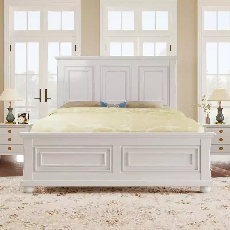 Queen Bed Frame, Vintage Pinewood with Decorative Headboard & Footboard