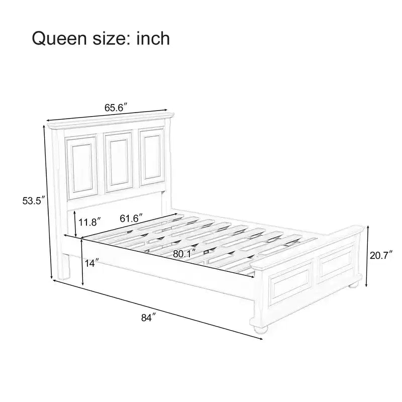 Queen Bed Frame, Vintage Pinewood with Decorative Headboard & Footboard