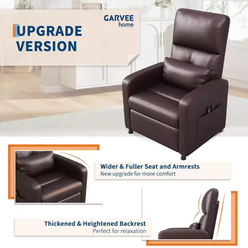 Power Recliner Chair - Heat and Massage, Adjustable Electric Recliner Ergonomic PU Leather Single Sofa, Tall Back, Padded Seat, Home Theater Seating
