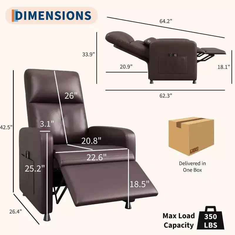 Power Recliner Chair - Heat and Massage, Adjustable Electric Recliner Ergonomic PU Leather Single Sofa, Tall Back, Padded Seat, Home Theater Seating