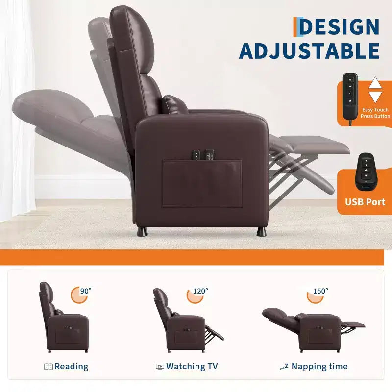 Power Recliner Chair - Heat and Massage, Adjustable Electric Recliner Ergonomic PU Leather Single Sofa, Tall Back, Padded Seat, Home Theater Seating