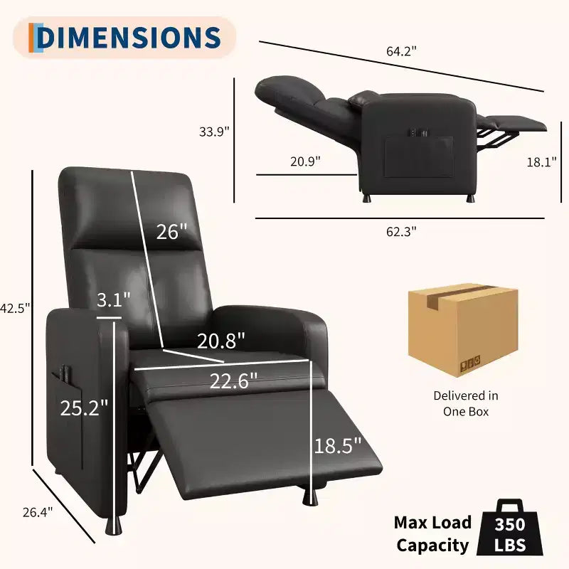 Power Recliner Chair - Heat and Massage, Adjustable Electric Recliner Ergonomic PU Leather Single Sofa, Tall Back, Padded Seat, Home Theater Seating